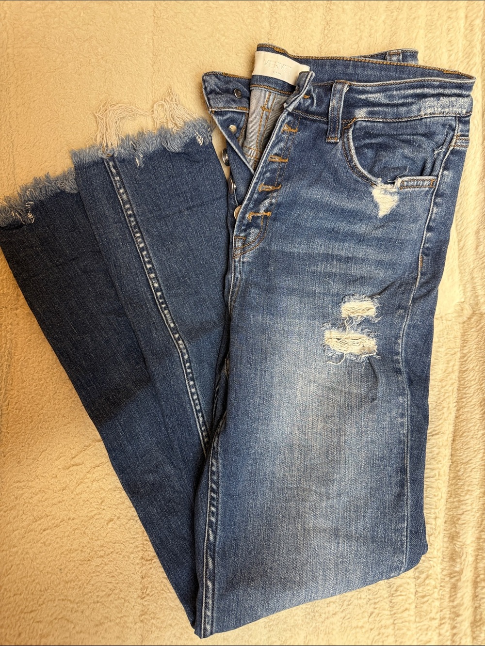 VERVET BY FLYING MONKEY Distressed Medium Blue Button-Fly Jeans